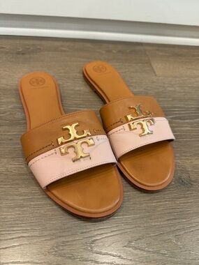 Tory Burch Pink and Tan Leather Slide Sandals with Gold Logo